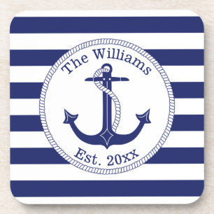 Dessous-de-verre Ancre nautique Marine Blue Stripes Nom de famille