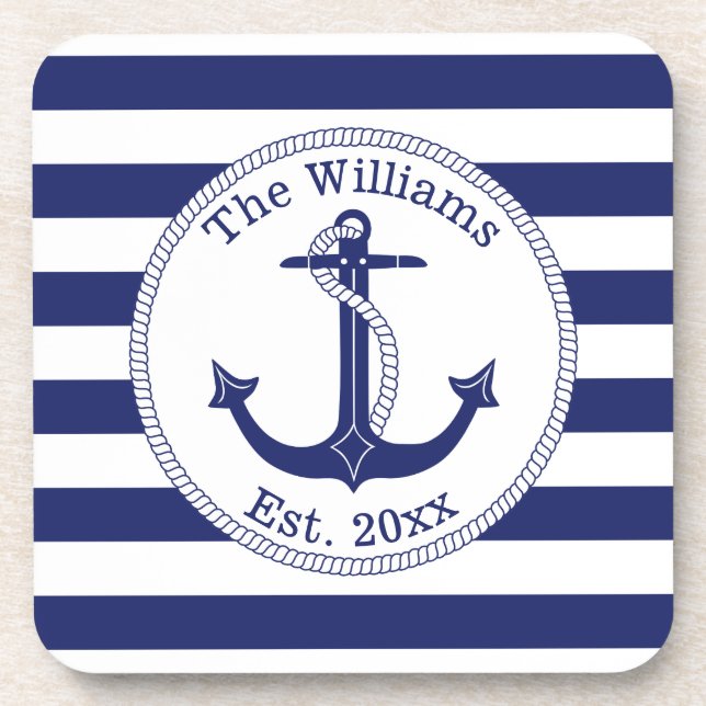 Dessous-de-verre Ancre nautique Marine Blue Stripes Nom de famille (Devant)
