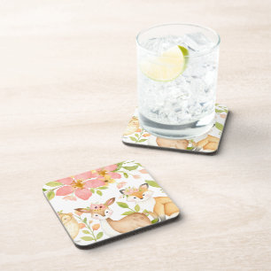 Dessous-de-verre Animaux des bois avec la forêt de fleurs roses