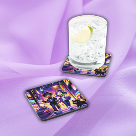 Dessous-de-verre Anime Gaming Couple avec leur chat |