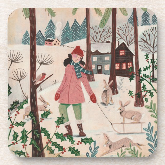 Dessous-de-verre Année de la femme lapin dans la neige (Devant)