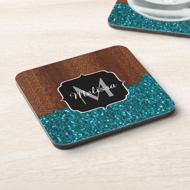 Dessous-de-verre Aqua bleu étincelle bois brun rustique Monogramme (Côté gauche)