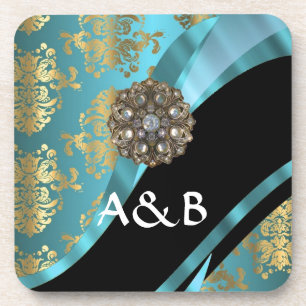 Dessous-de-verre Aqua bleu & or damask faux cristal