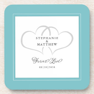 Dessous-de-verre Aqua et Blanc Élégant Mariage Cœurs Amour Éternel