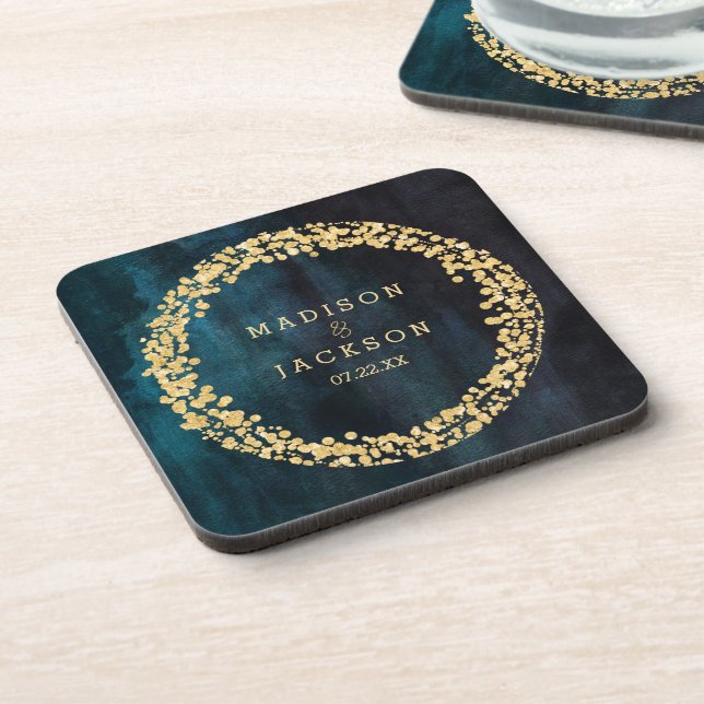 Dessous-de-verre Aquarelle bleu marine et Mariage or Monogramme (Côté gauche)
