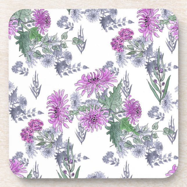 Dessous-de-verre Aquarelle chrysanthème rose petites fleurs vert (Devant)