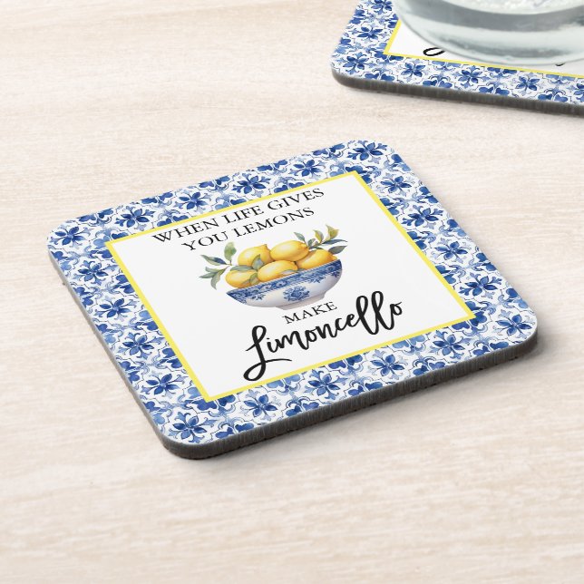 Dessous-de-verre Aquarelle Citrons Limoncello Carreaux bleus (Côté gauche)