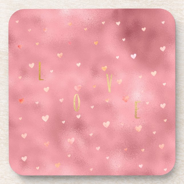 Dessous-de-verre Aquarelle couleur or rose Coeurs d'amour (Devant)
