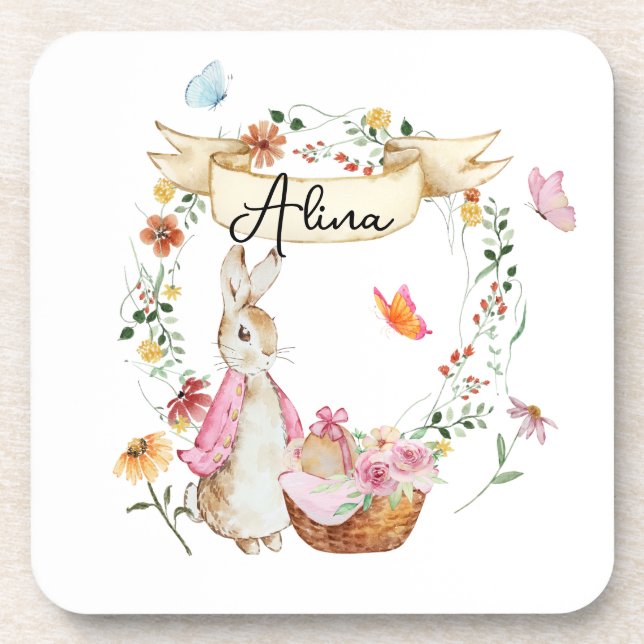 Dessous-de-verre Aquarelle de Pâques de lapin rose personnalisée (Devant)