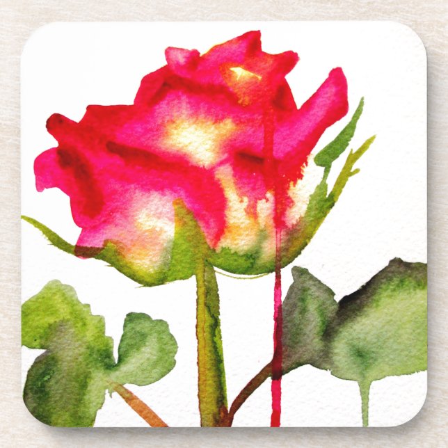 Dessous-de-verre Aquarelle de rose thé hybride, art floral moderne (Devant)