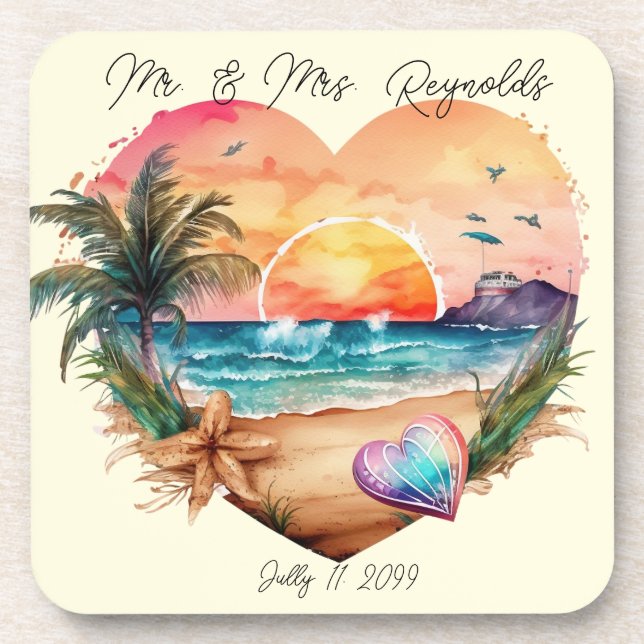 Dessous-de-verre Aquarelle Hawaii Beach Sunset Heart Mariage (Devant)