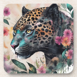 Dessous-de-verre Aquarelle Jaguar Floral Art Boisson Coaster