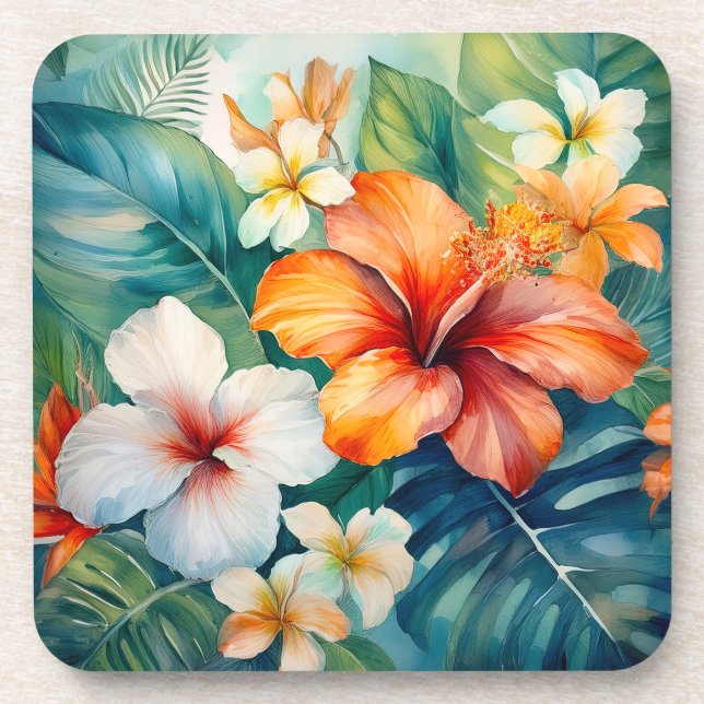 Dessous-de-verre Aquarelle Jardin hawaïen Hibiscus tropical (Devant)