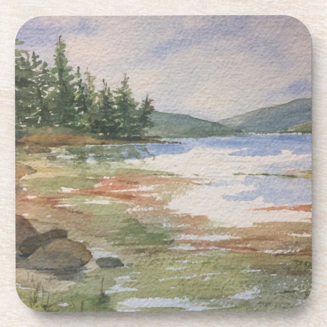 Dessous-de-verre Aquarelle Maine Paysage Eau Forêt Bleu Vert (Devant)