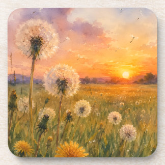 Dessous-de-verre Aquarelle Pissenlits au Paysage de Prairie au Couc