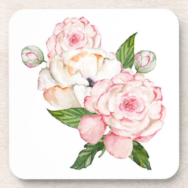 Dessous-de-verre Aquarelle pivoines en céramique couleur tendre (Devant)
