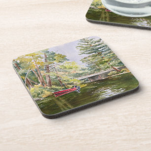 Dessous-de-verre Aquarelle Rouge Bateau Lac Mountain Dessous de ver