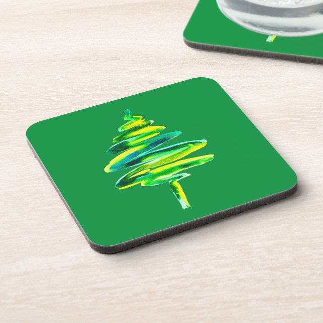 Dessous-de-verre Arbre de Noël vert aquarelle abstraite (Côté gauche)
