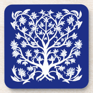 Dessous-de-verre Arbre de vie #4 Blanc et Cobalt Bleu