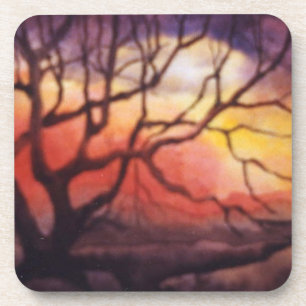 Dessous-de-verre Arbre d'hiver nu et coucher de soleil spectaculair