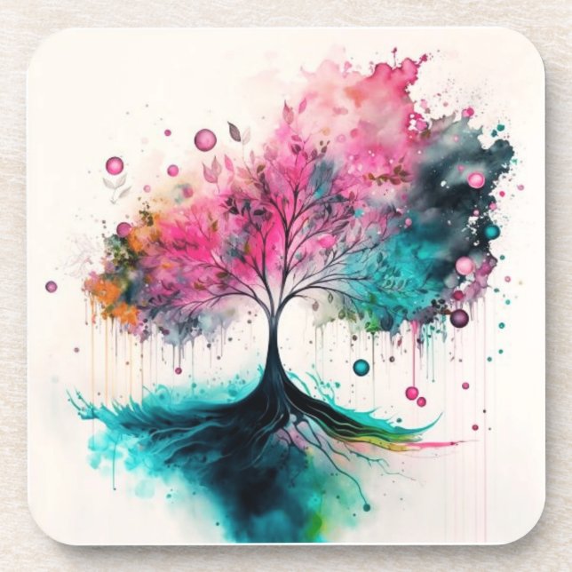 Dessous-de-verre Arbre mystique moderne & gras (bleu, rose, orange) (Devant)