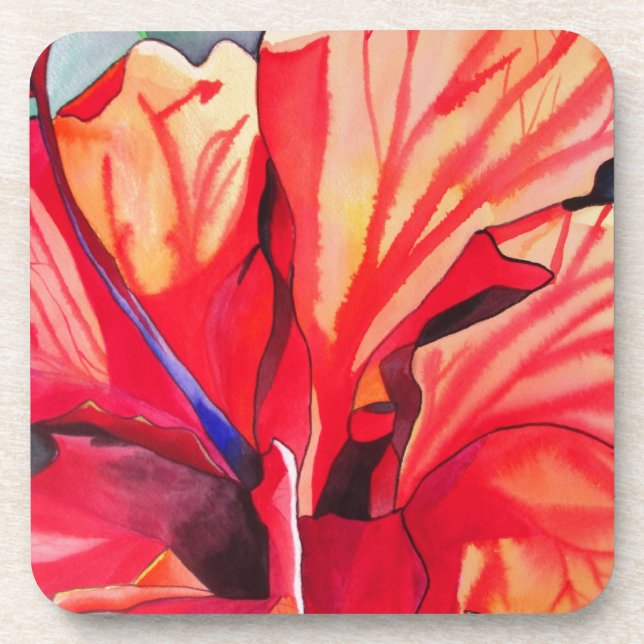 Dessous-de-verre Art aquarelle de fleur tropicale d'hibiscus rouge (Devant)
