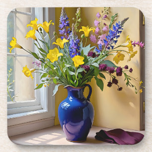 Dessous-de-verre Art de floraisons bleues jaunes et violettes
