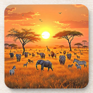 Dessous-de-verre Art du coucher de soleil sur la savane africaine