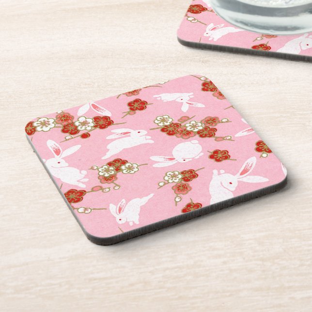 Dessous-de-verre Art japonais : Sakuras et lapins roses (Côté gauche)