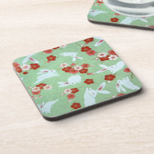 Dessous-de-verre Art japonais : Sakuras et lapins verts