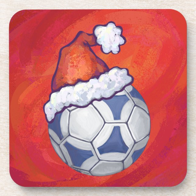 Dessous-de-verre Bal de soccer bleu et blanc sur rouge (Devant)