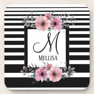 Dessous-de-verre Bandes noires et blanches Monogramme floral rose