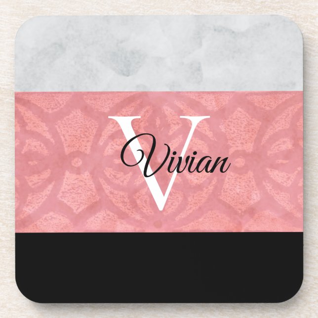 Dessous-de-verre Batik Rose Ruddy Et Aquarelle Gris Monogramme (Devant)