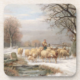 Dessous-de-verre Bergère avec son troupeau dans un paysage d'hiver