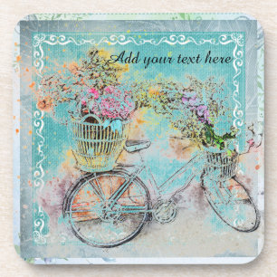 Dessous-de-verre Bicycle with flower baskets on blue burlap