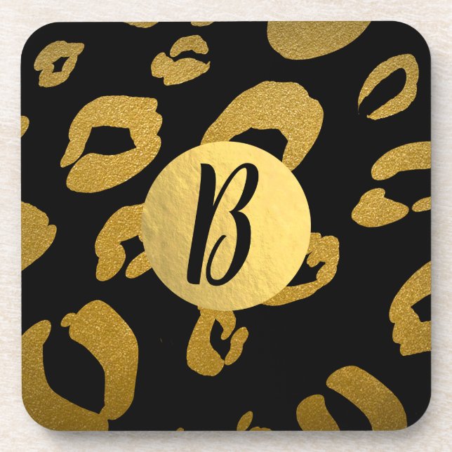 Dessous-de-verre Black Gold Cheetah Leopard Glam Foil Moderne Chic (Devant)