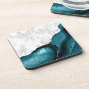 Dessous-de-verre Blanc Faux Marbre Parties scintillant Argent Turqu