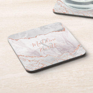 Dessous-de-verre Blanc & Rose Gold Agate Marbre Mariage Monogramme