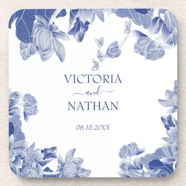 Dessous-de-verre Bleu Blanc Chinoiserie Chic Floral Mariage (Devant)