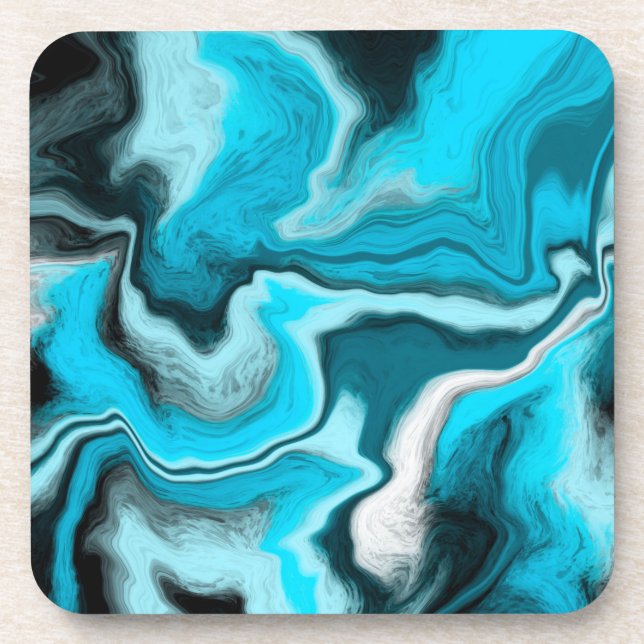 Dessous-de-verre Bleu, noir et Marbre blanc Fluid Art (Devant)