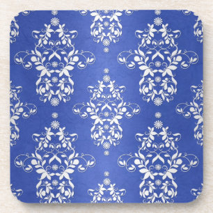 Dessous-de-verre Bleu Royal et Blanc Argenté Damassé Vintage