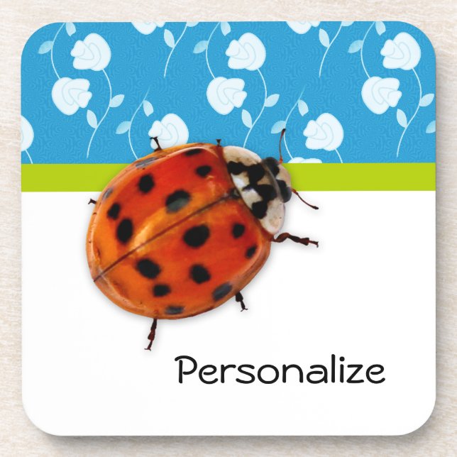 Dessous-de-verre Bleu tendance Ladybug Floral avec nom (Devant)