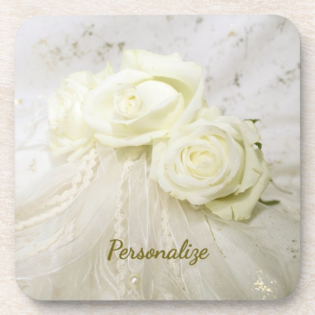 Dessous-de-verre Bouquet de Roses blanches Voile de dentelle Vintag (Devant)