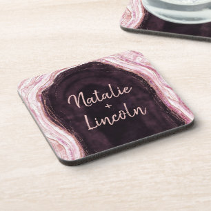 Dessous-de-verre Bourgogne et Rose Gold Geode Agate Mariage Monogra