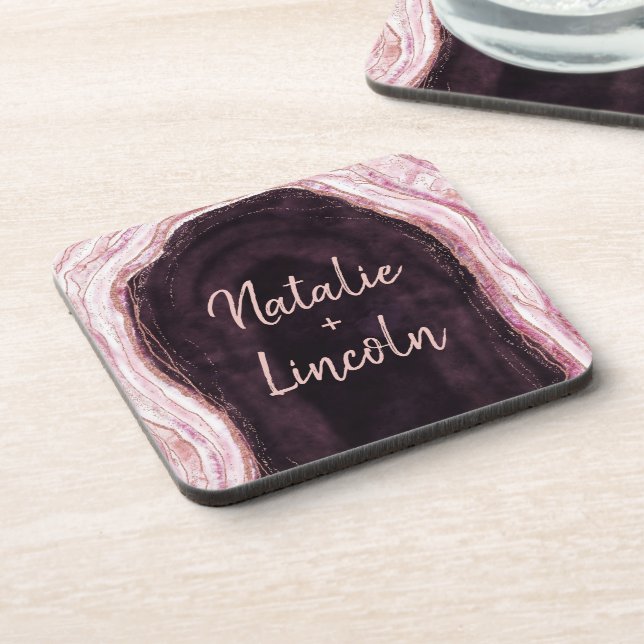 Dessous-de-verre Bourgogne et Rose Gold Geode Agate Mariage Monogra (Côté gauche)
