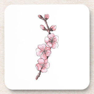 Dessous-de-verre Branche d'abricots en fleurs. Croquis aquarelle.