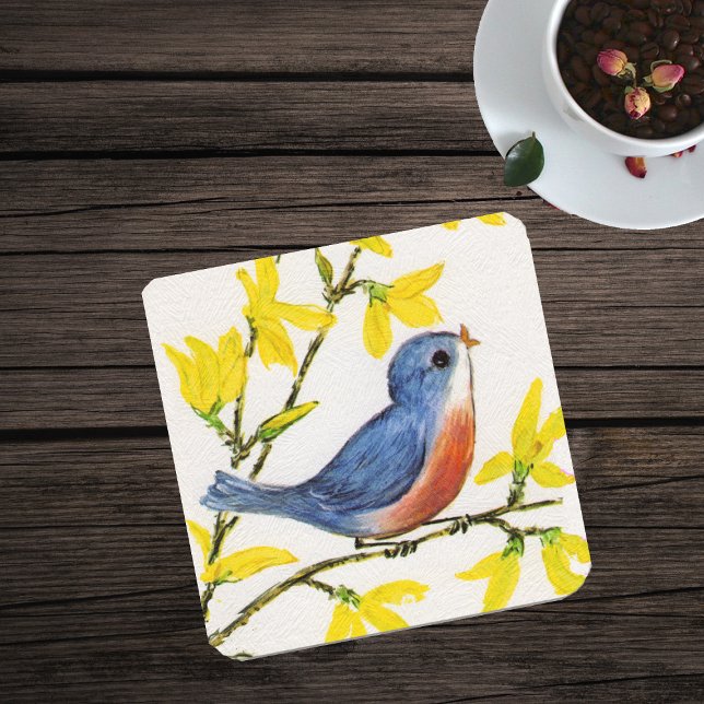 Dessous-de-verre Branche de l'arbre d'oiseaux bleu chantant mignon (Little blue and red bird on branch yellow flowers on white textured look paper drink coaster.)