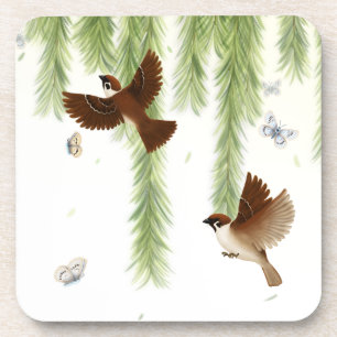 Dessous-de-verre Brown Bruants parmi les Feuilles de saules pleurs