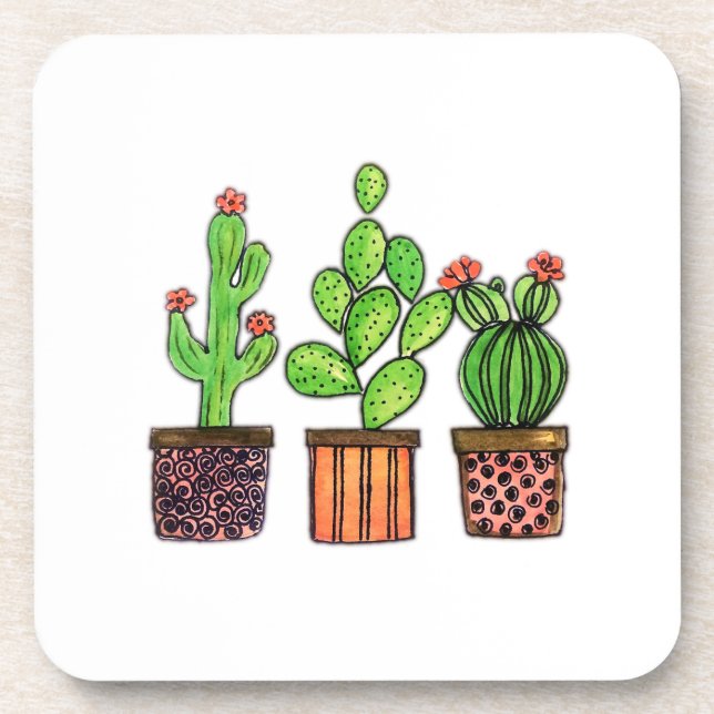 Dessous-de-verre Cactus mignon d'aquarelle dans des pots (Devant)