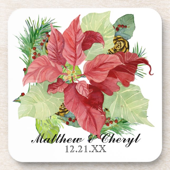 Dessous-de-verre Cadeau de Noël Poinsettia Pine Cone Personnalisé (Devant)